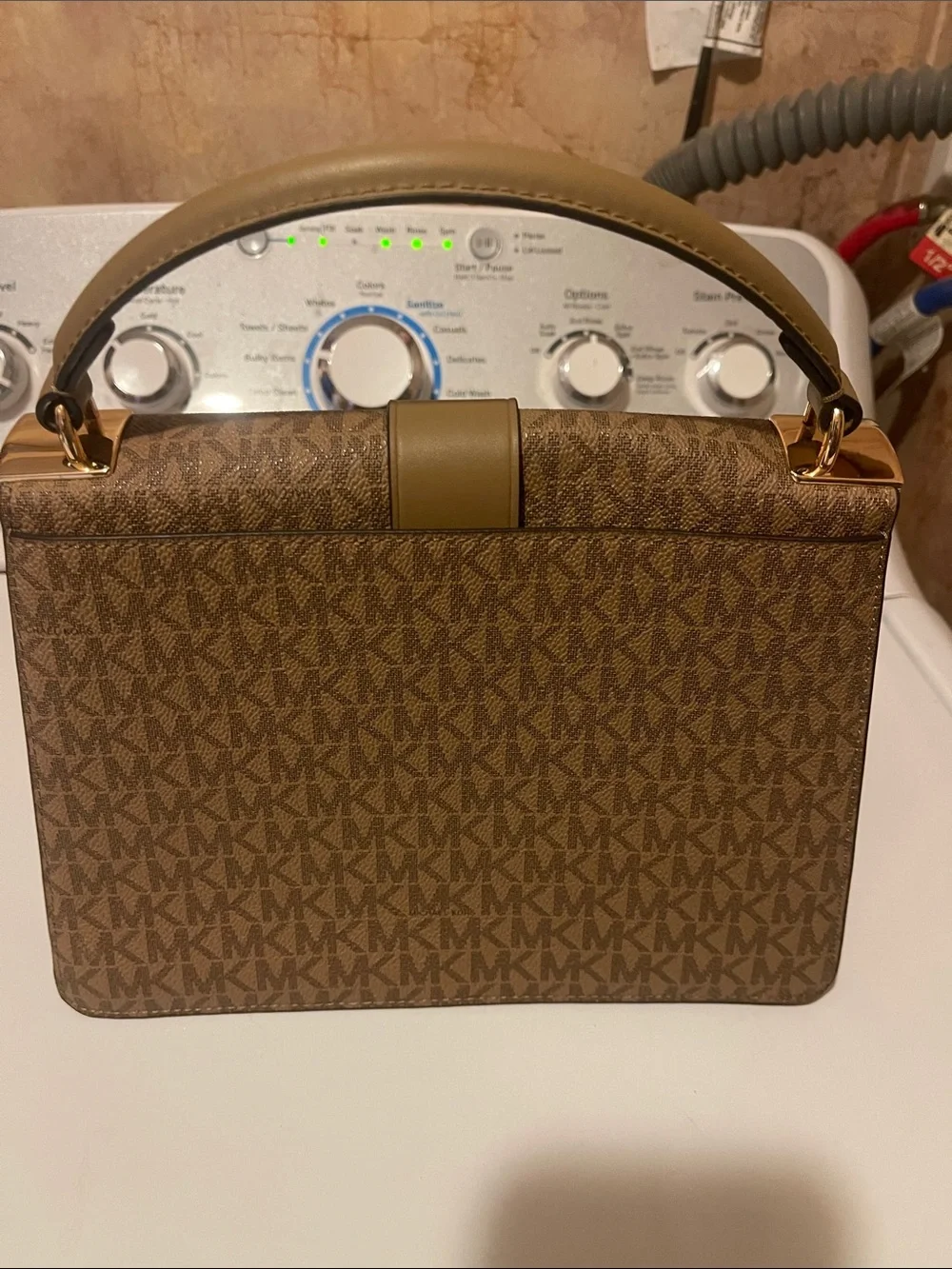Michael Kors Brown Monogram Top-Handle Satchel with Gold MK Emblem